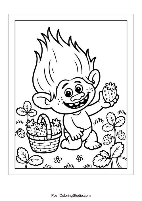 A troll holding a basket of strawberries in a garden.