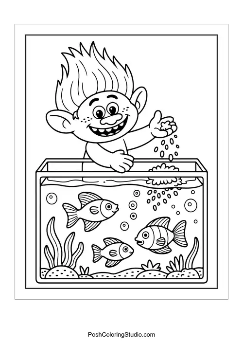 A troll feeding fish in an aquarium.