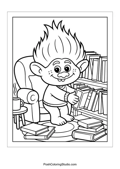 A troll organizing books on a shelf.