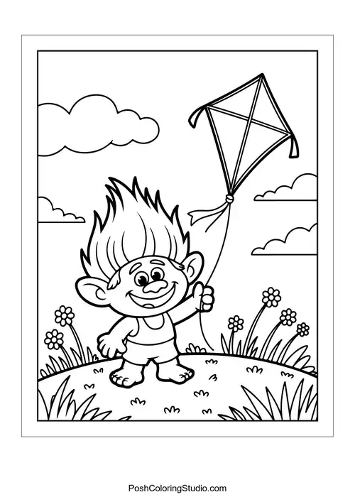 A troll flying a kite on a sunny day.