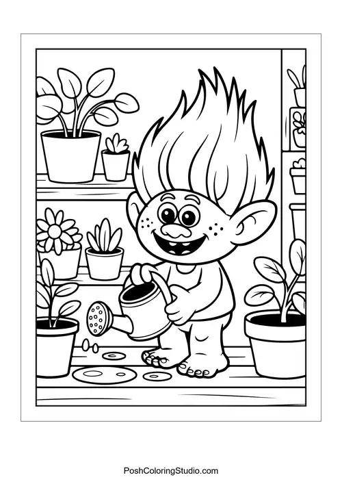 A troll watering plants in a greenhouse.