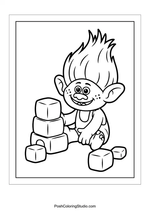 A troll stacking blocks while sitting on the floor.