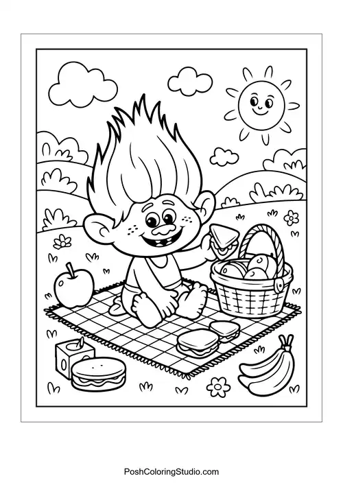 A troll enjoying a picnic with a basket of food.
