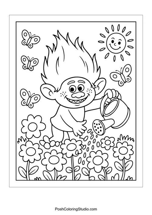A troll watering flowers in a sunny garden.
