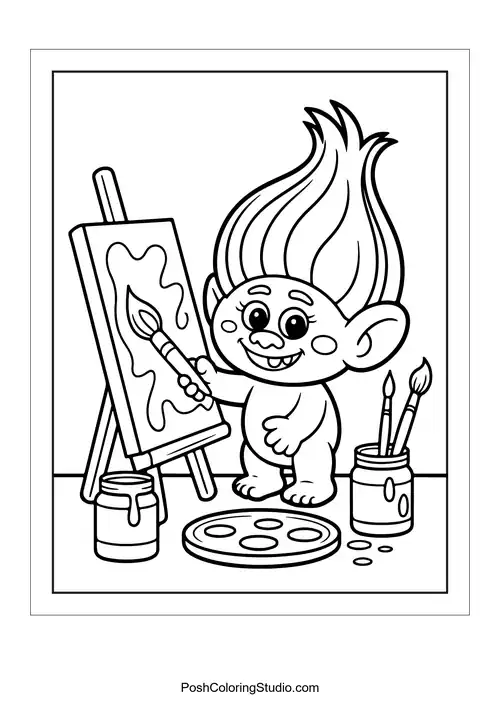 A troll painting on an easel with art supplies nearby.