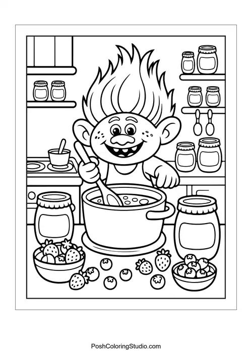 A troll stirring a pot in a kitchen filled with jars.