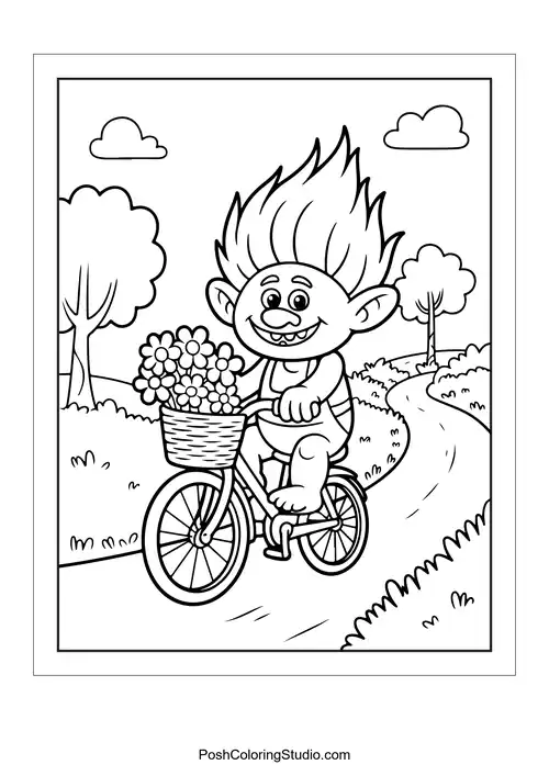 A troll riding a bicycle with flowers in a basket.