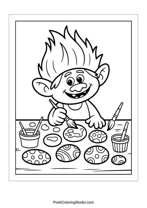 A troll painting colorful eggs on a table.
