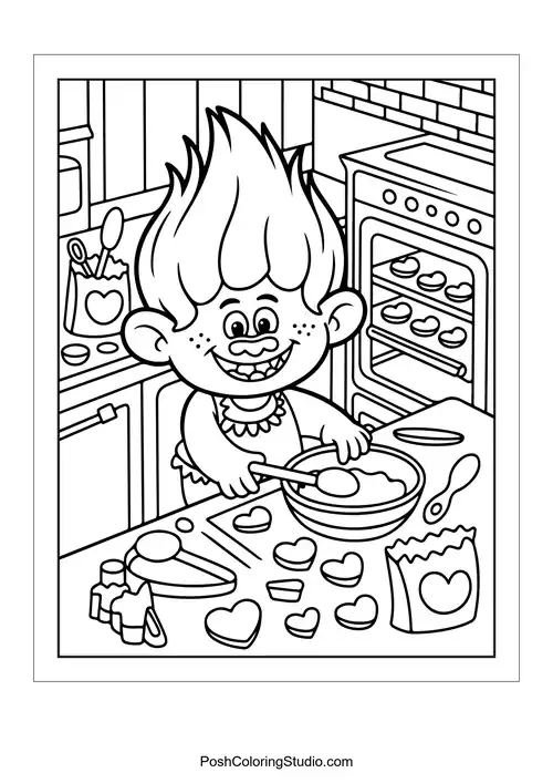 A troll baking cookies in a cozy kitchen.