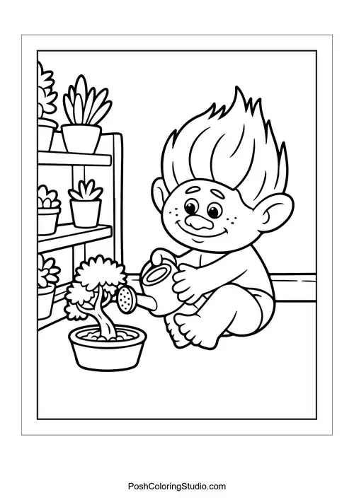 A cheerful troll watering a small plant in a pot.