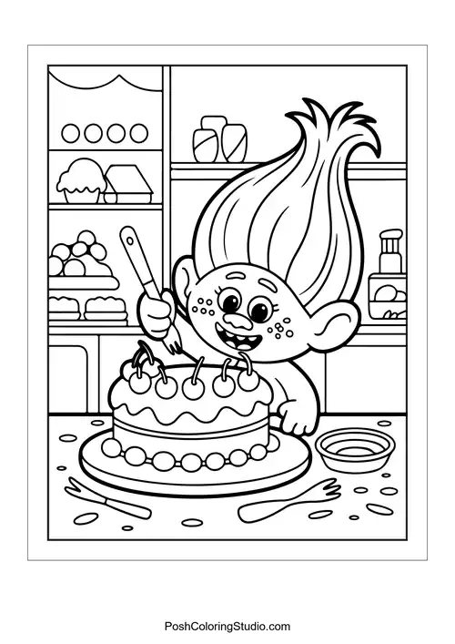 A troll decorating a cake with icing and cherries.