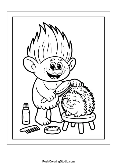 A troll grooming a hedgehog with a brush.