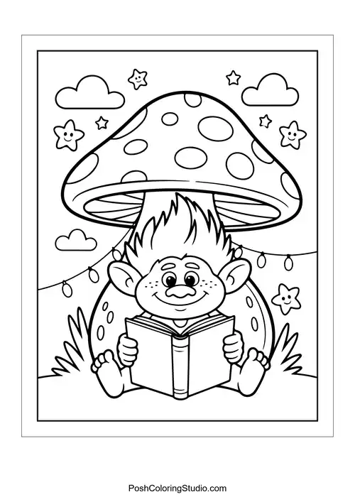 A troll reading a book under a large mushroom.