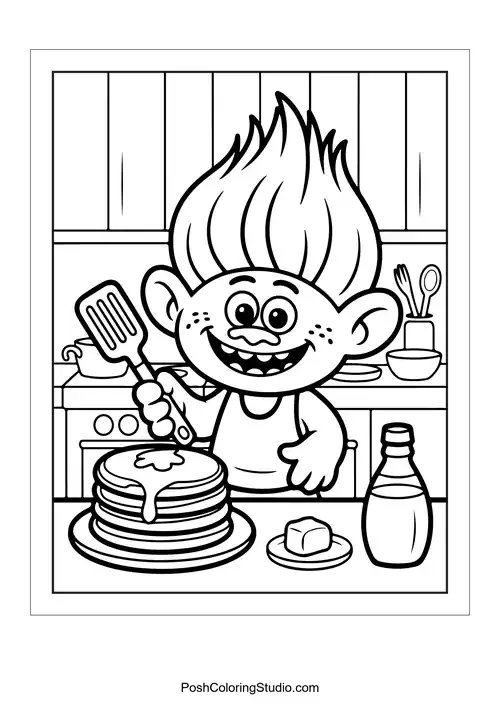 A troll making pancakes with syrup and butter.
