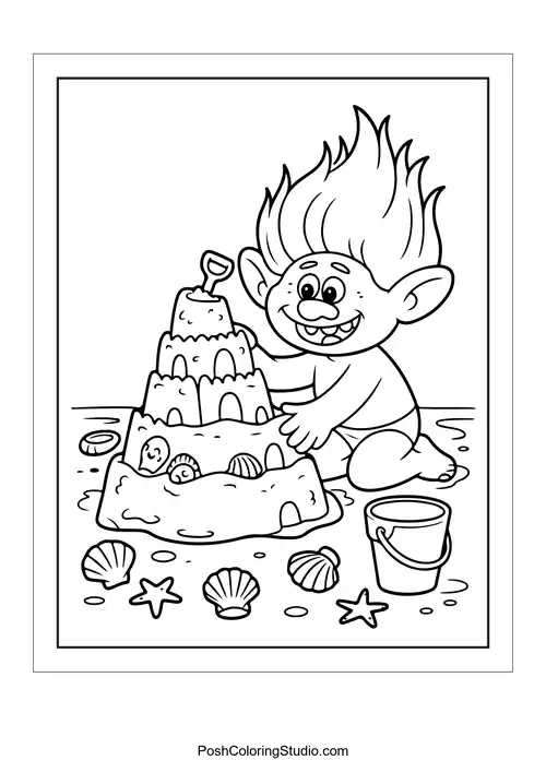 A troll building a sandcastle at the beach.