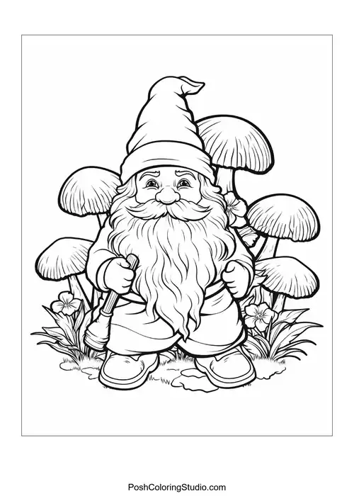 A gnome stands confidently with a shovel in a flower garden.