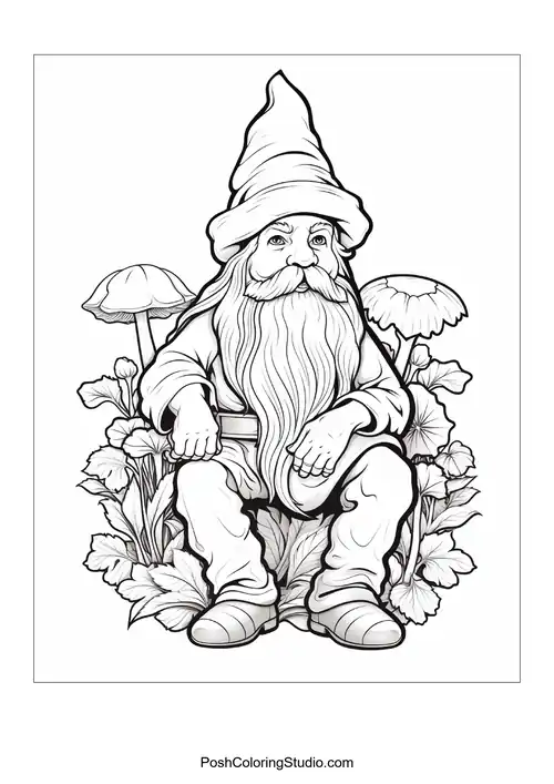 A gnome with a large hat and a gentle smile stands in a garden.