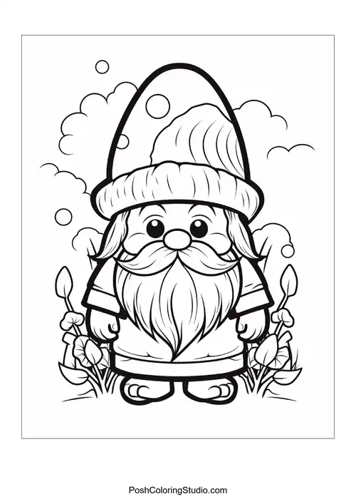 A gnome holds a flower while surrounded by various plants.