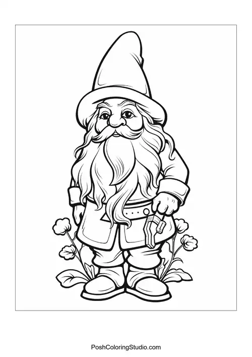 A gnome stands proudly with a shovel among blooming flowers.