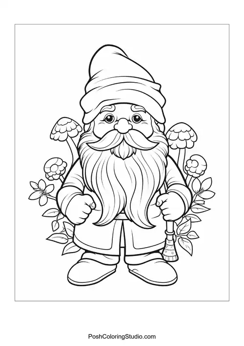 A gnome stands proudly with a shovel in a flower garden.