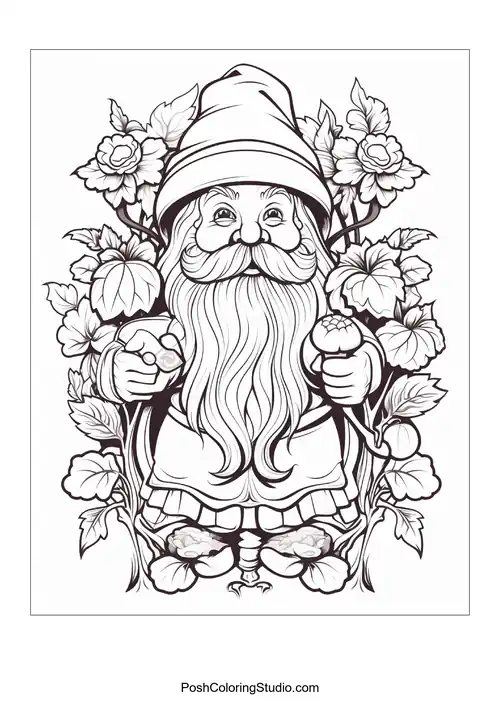 A gnome sits comfortably among flowers and mushrooms.