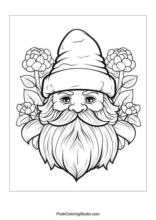 A gnome holds a flower while surrounded by various plants.