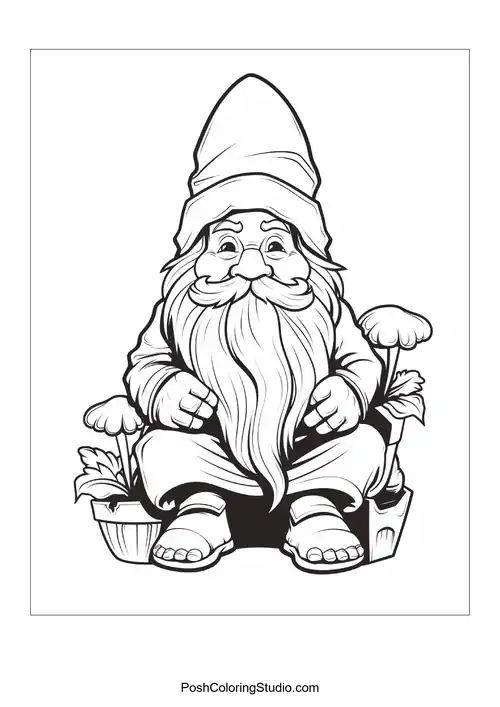 A gnome sits comfortably among flowers and mushrooms.