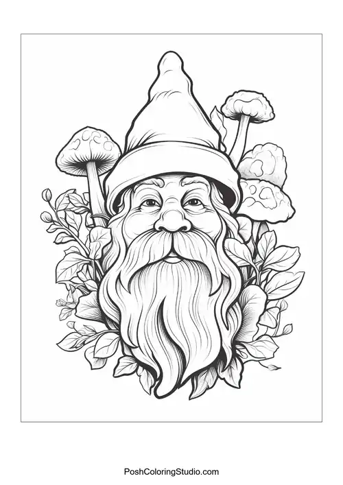 A gnome stands with a watering can surrounded by flowers.