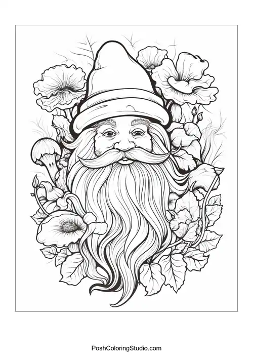 A gnome holds a flower while surrounded by various plants.