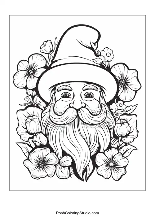 A gnome stands proudly with a shovel in a flower garden.