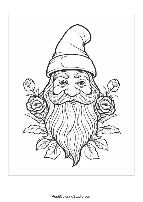 A gnome stands with a watering can surrounded by flowers.