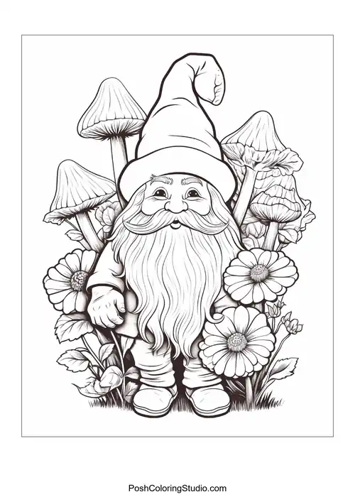 A gnome stands proudly with a shovel in a flower garden.