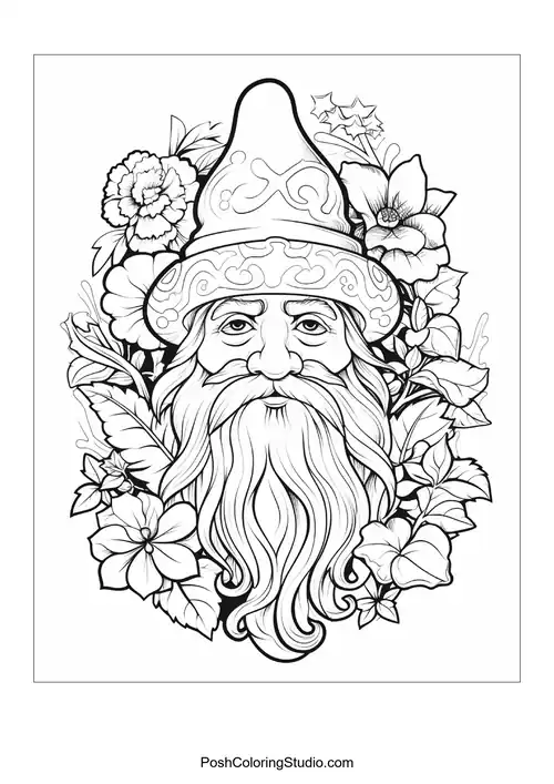 A gnome holds a flower while surrounded by various plants.