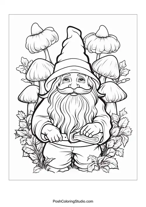 A gnome stands proudly with a shovel in a flower garden.