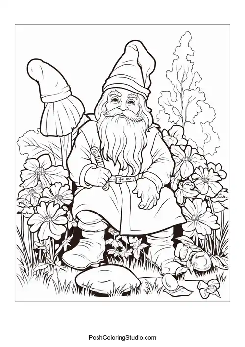 A gnome stands with a watering can surrounded by flowers.