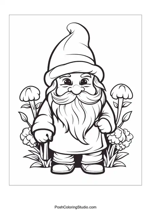 A gnome holds a flower while surrounded by various plants.
