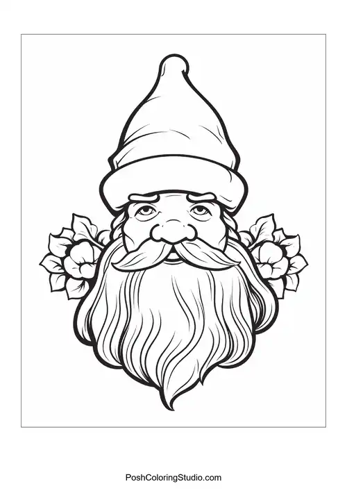 A gnome stands proudly with a shovel in a flower garden.