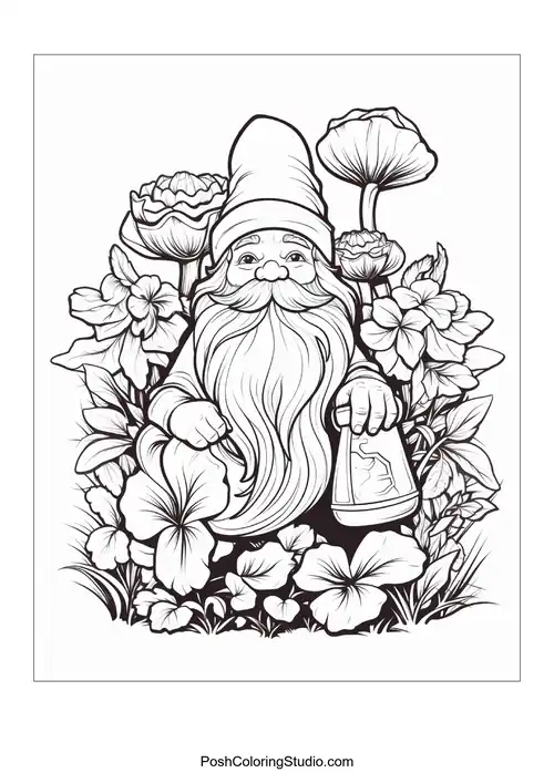 A gnome stands with a watering can surrounded by flowers.