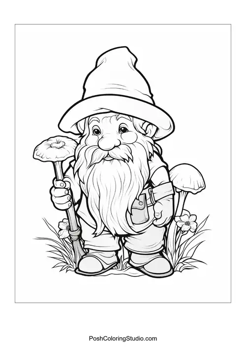 A gnome holds a flower while surrounded by various plants.