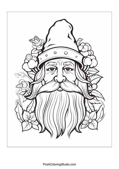 A gnome with a crown of flowers gazes thoughtfully.