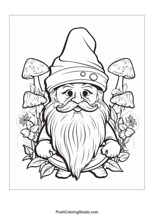 A cheerful gnome with a bushy beard stands among mushrooms.