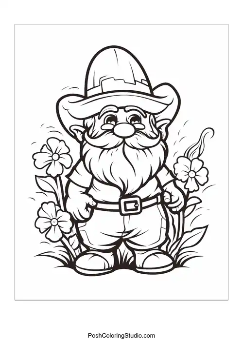 A gnome stands proudly among blooming flowers and plants.