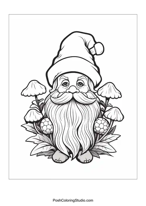 A gnome with a long beard holds a mushroom in a garden.