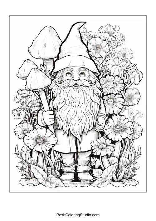 A gnome stands with a watering can surrounded by flowers.