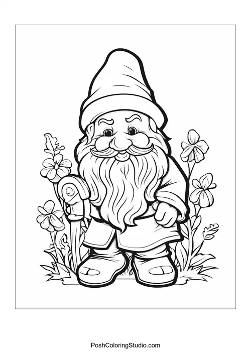 A gnome carries a basket while standing among flowers.