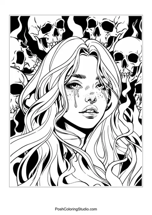 A woman with flowing hair and skulls, showcasing intricate details.