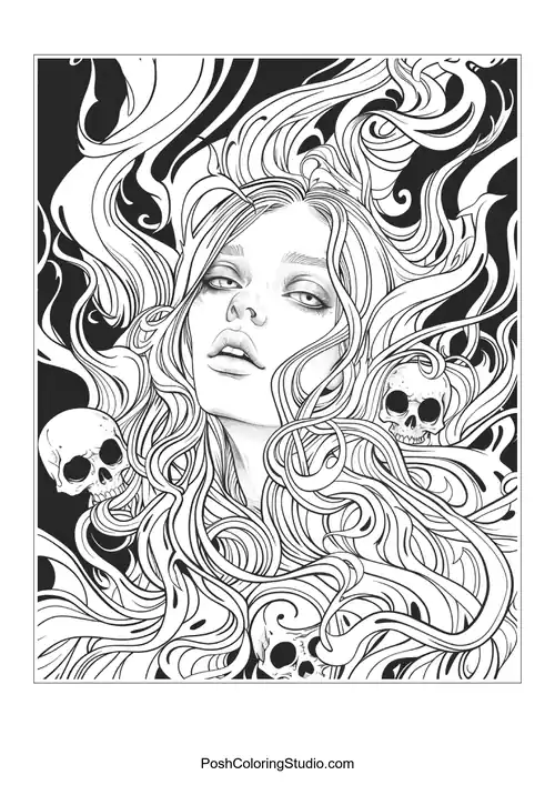A woman with flowing hair and skulls, featuring intricate patterns.