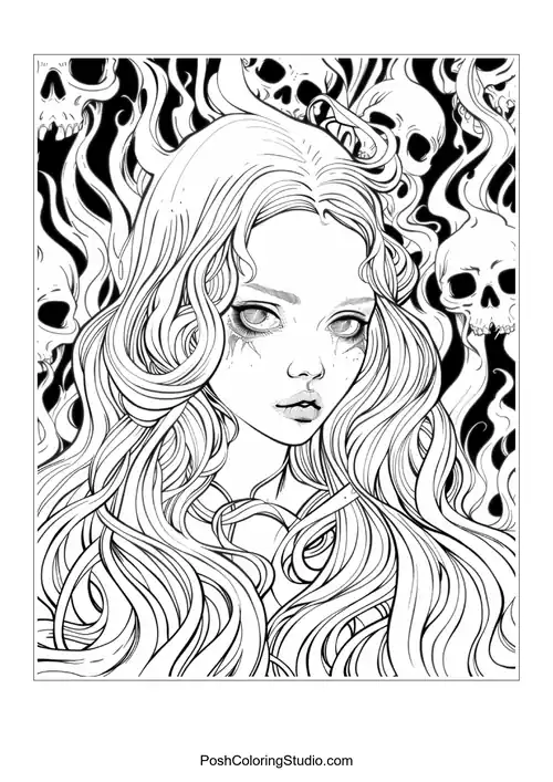 A woman with long hair and skulls, featuring dramatic flames.
