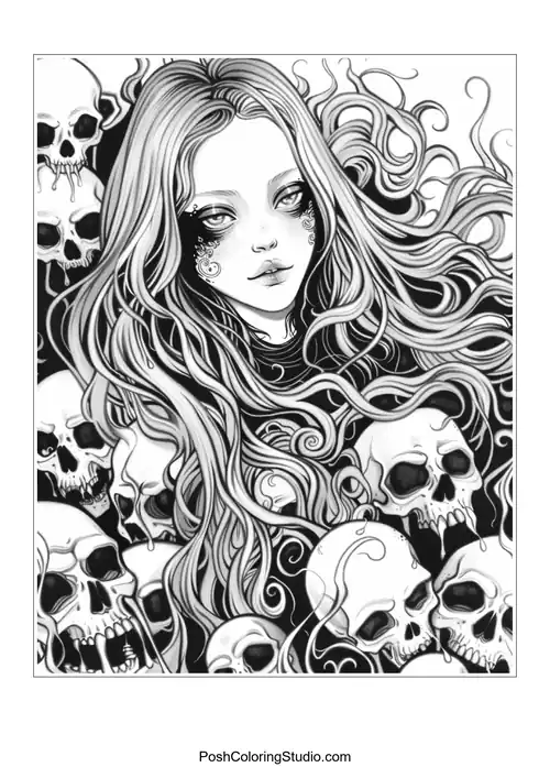 A woman with flowing hair and skulls, featuring ornate details.