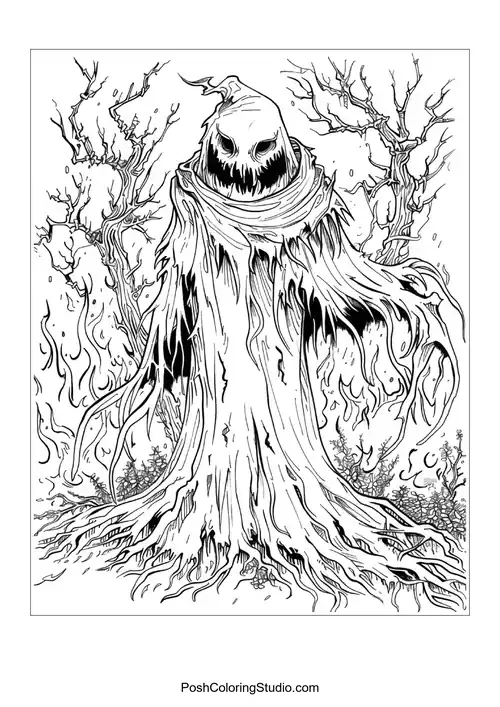 A reaper figure with a sinister smile among pumpkins and skulls.